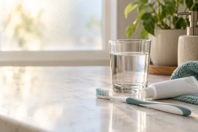 Glass of water, soft toothbrush and toothpaste on a sunlit bathroom counter