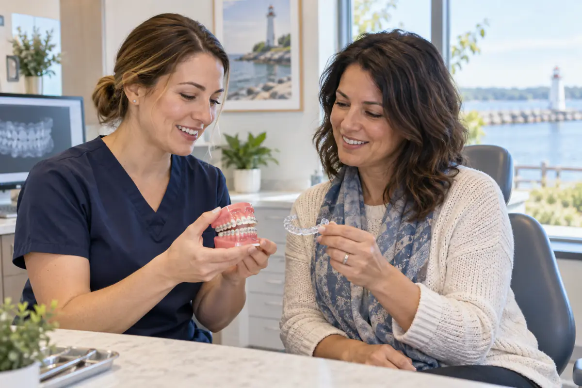 Orthodontic clinician and adult Port Dover patient comparing a braces model with a clear aligner