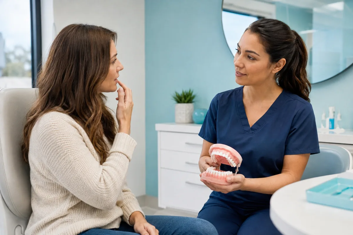 Adult speaking with a dental professional about persistent bad breath in Port Dover