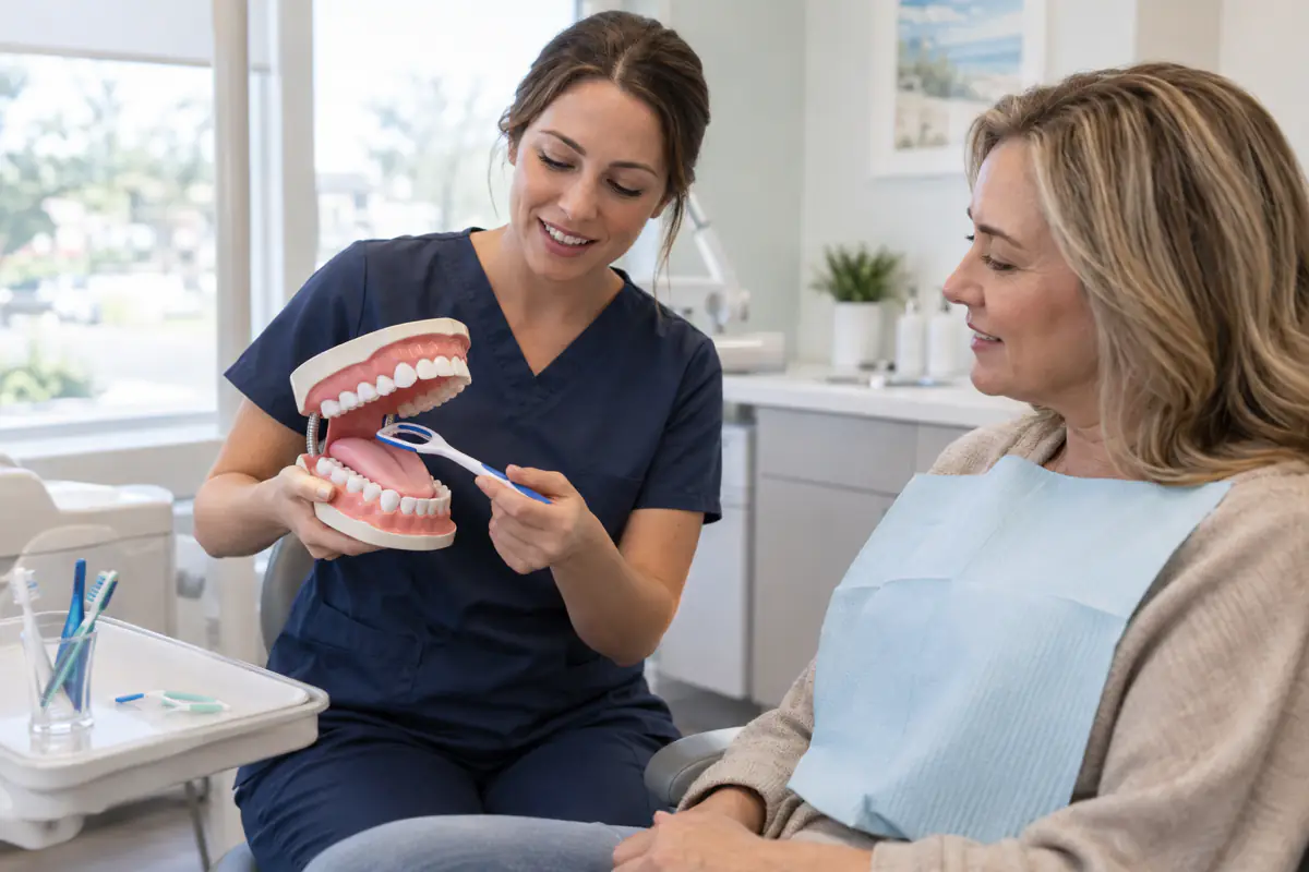 Dental hygienist showing a Simcoe patient how to clean the tongue and between teeth using a dental model