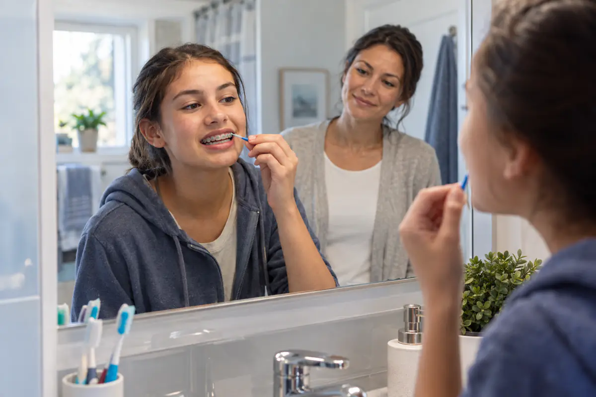 Teenager in Simcoe carefully cleaning around fixed braces with an interdental brush
