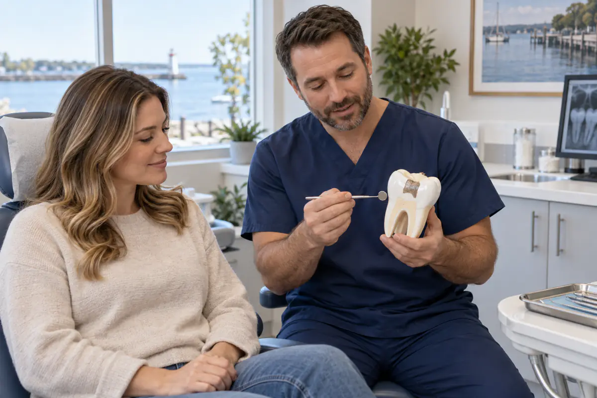 Dentist showing a Port Dover patient a tooth model with a damaged filling