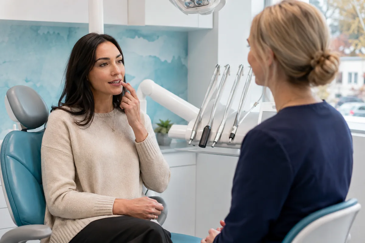 Norfolk County patient discussing a recurring mouth sore with a dental professional