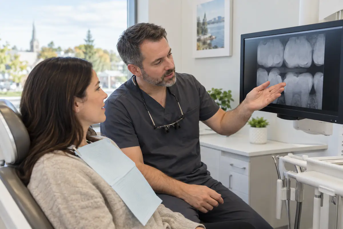 Dentist reviewing an X-ray for cavities between teeth with a patient from Simcoe