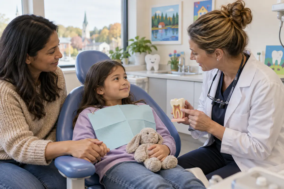 Parent comforting a child from Simcoe during a gentle toothache consultation with a dentist