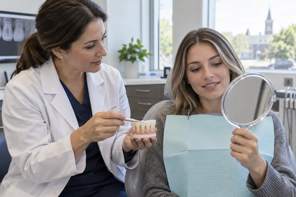 Dentist discussing repair choices for a chipped front tooth with a patient from Simcoe