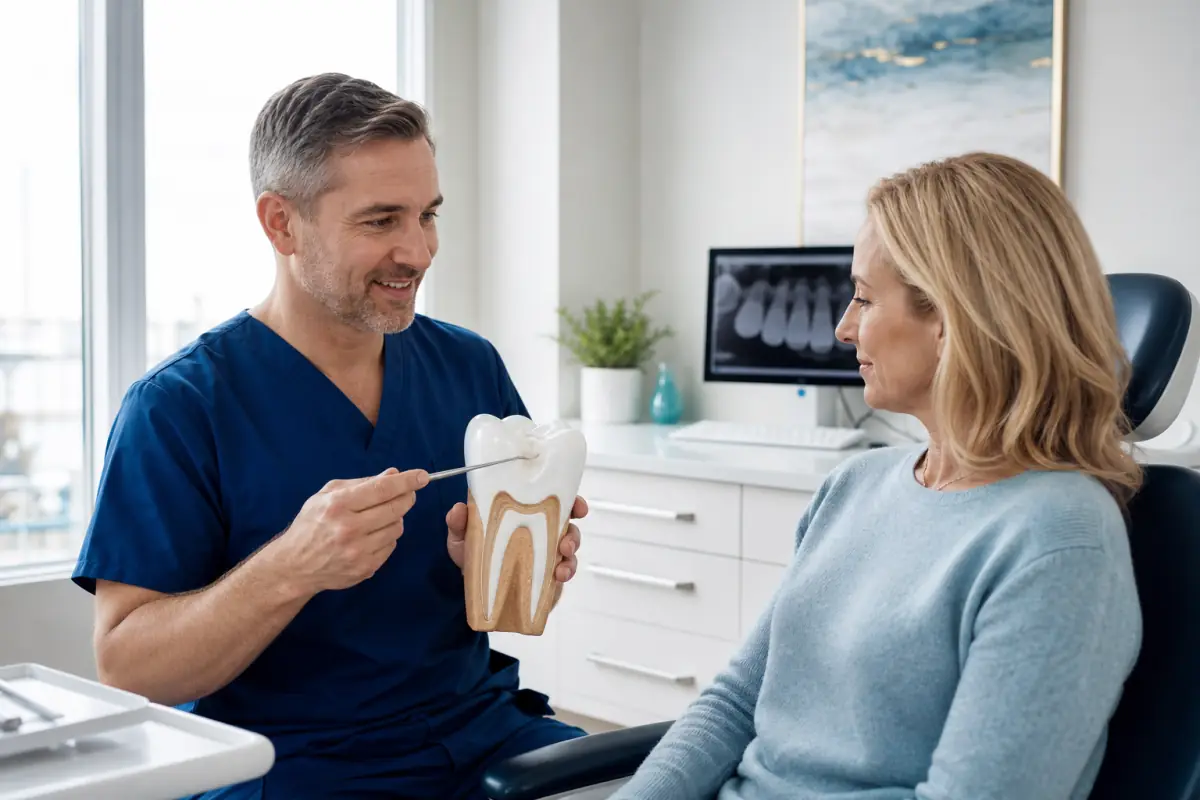 Dentist explaining composite fillings in Port Dover with a natural tooth model