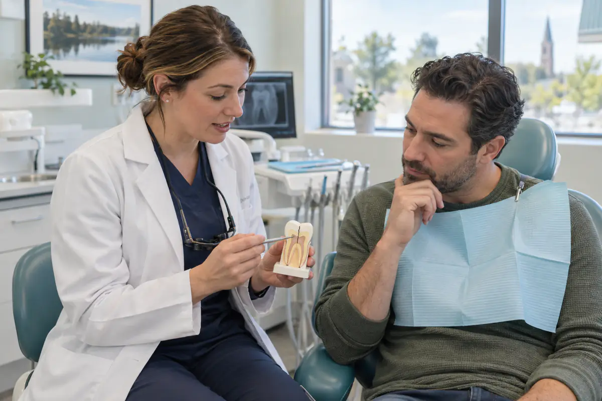 Dentist explaining a cracked tooth to a patient from Simcoe using a dental model