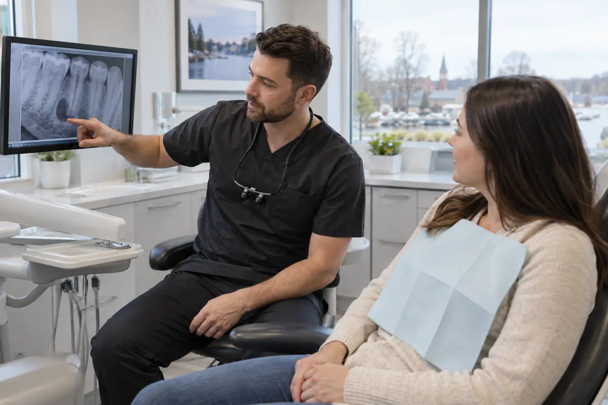 Dentist showing a Simcoe patient a dental X-ray while discussing infection near a tooth root