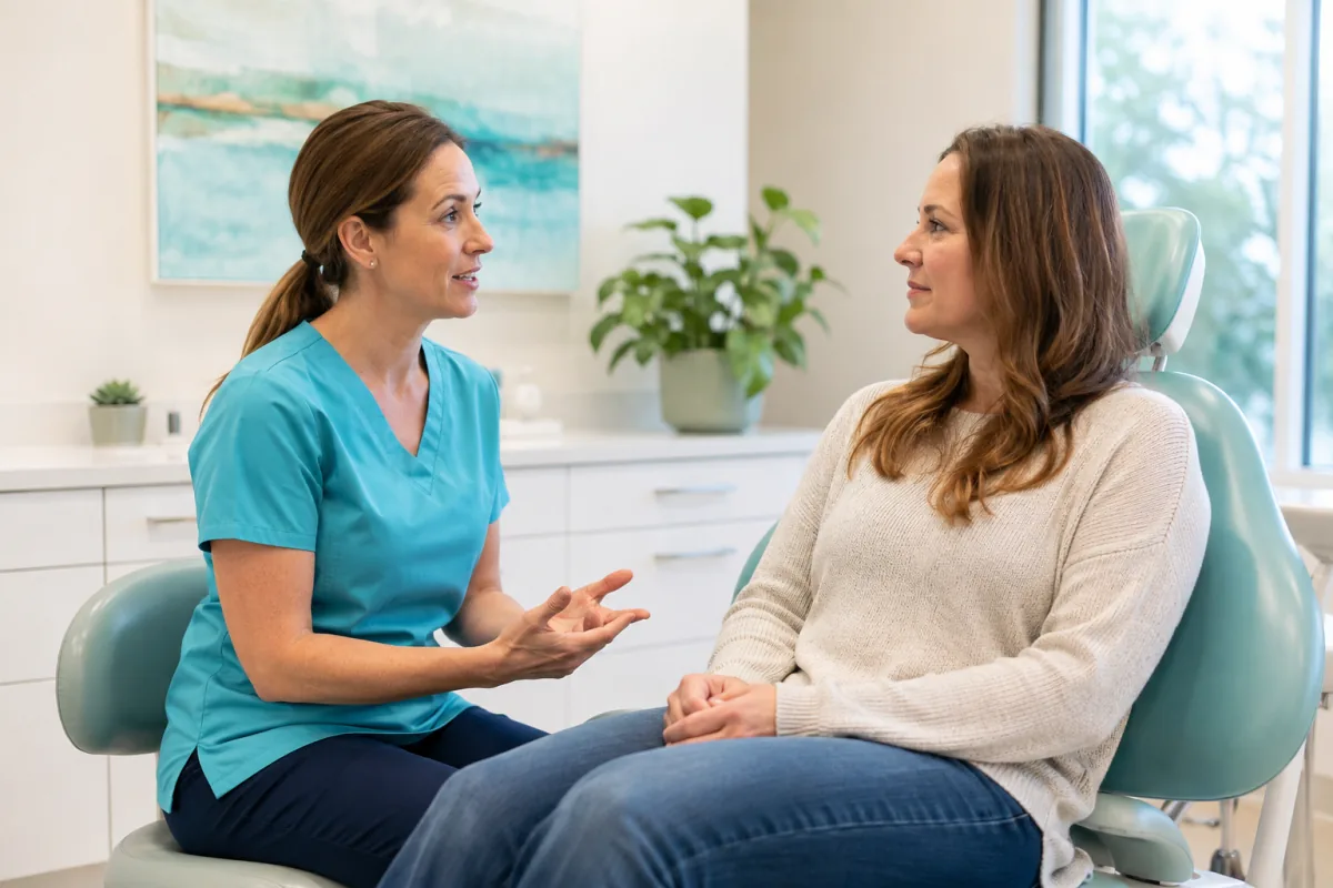 Calm dental professional listening to an anxious patient in Port Dover