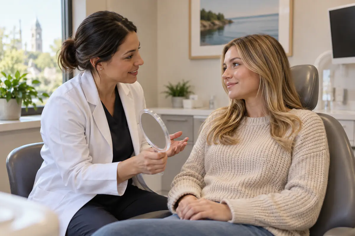 Compassionate dentist speaking at eye level with a patient managing dental anxiety near Simcoe