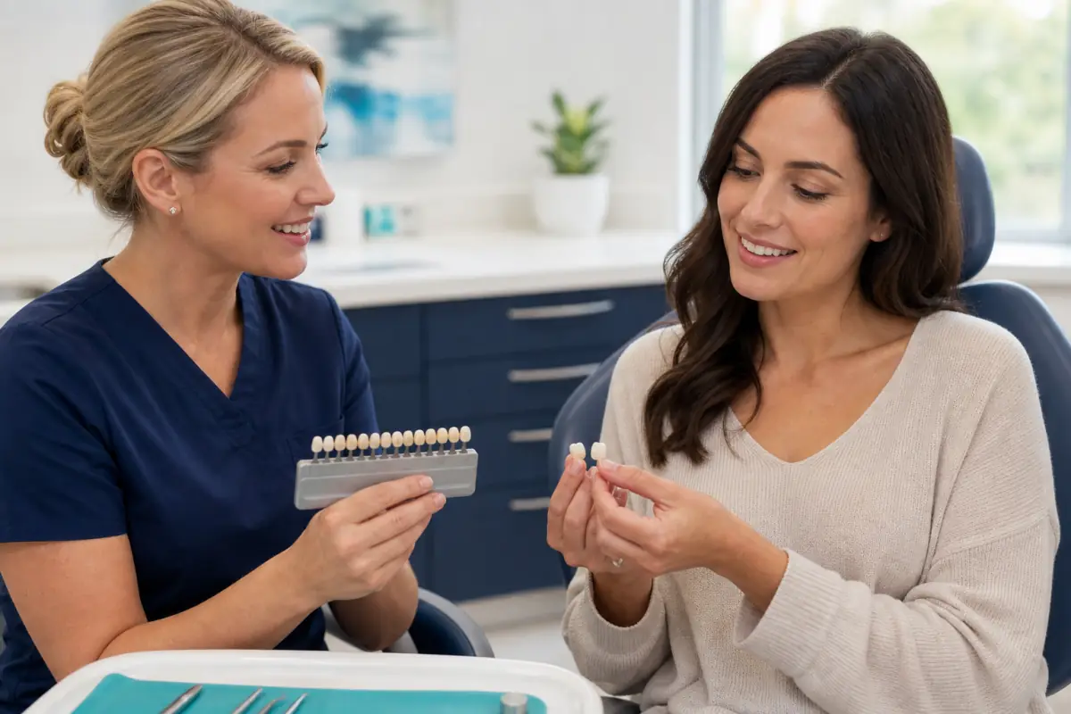 Patient comparing dental bonding and veneers with a Port Dover dentist