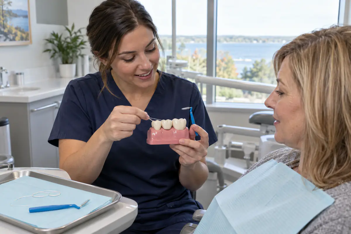 Dental hygienist showing a Simcoe patient how to clean beneath a fixed dental bridge on a model
