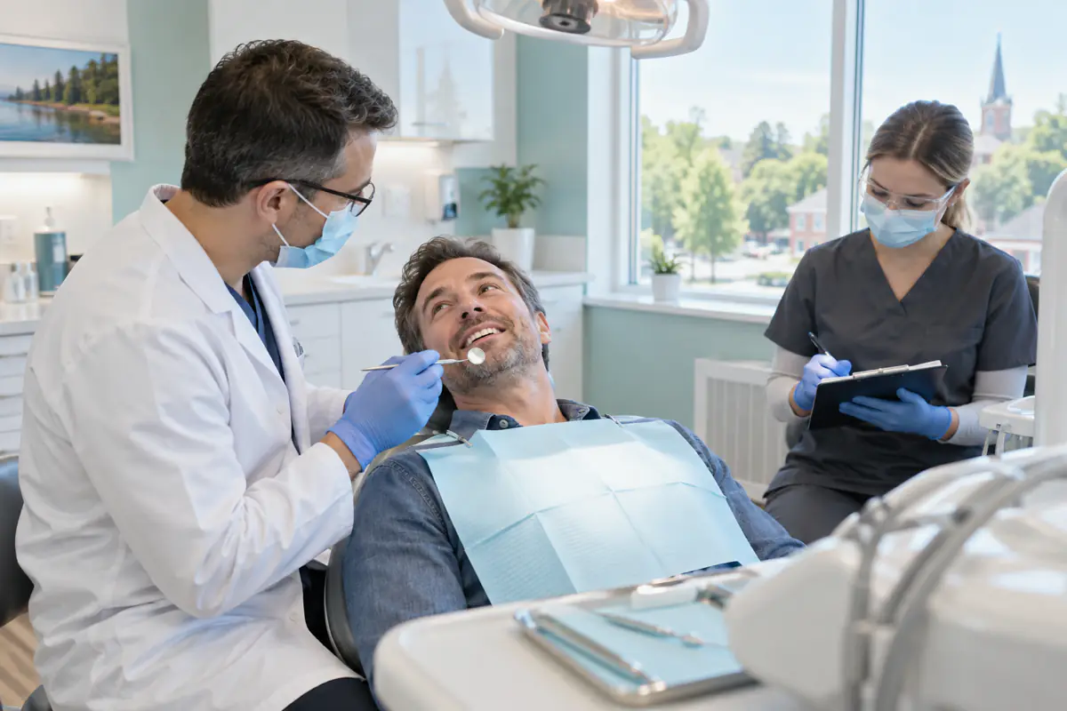 Dentist and assistant completing a routine dental checkup for a patient from Simcoe