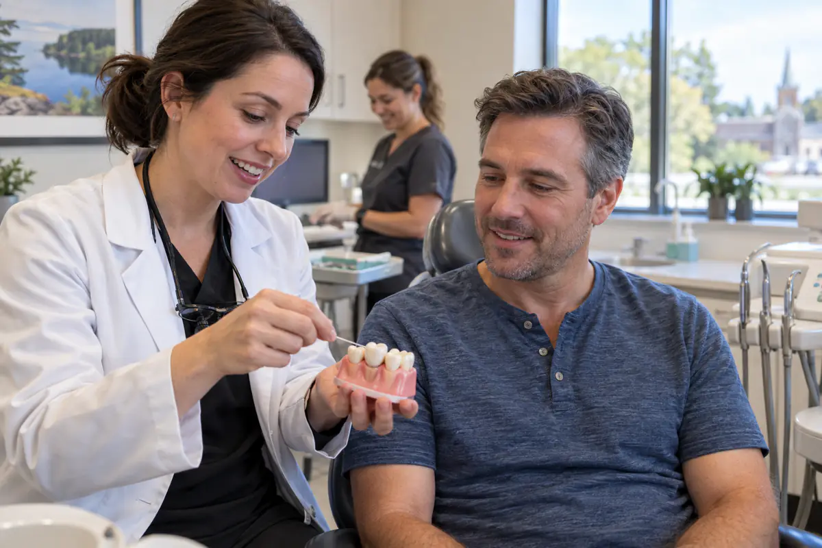 Dentist demonstrating dental crown aftercare and flossing to a patient from Simcoe