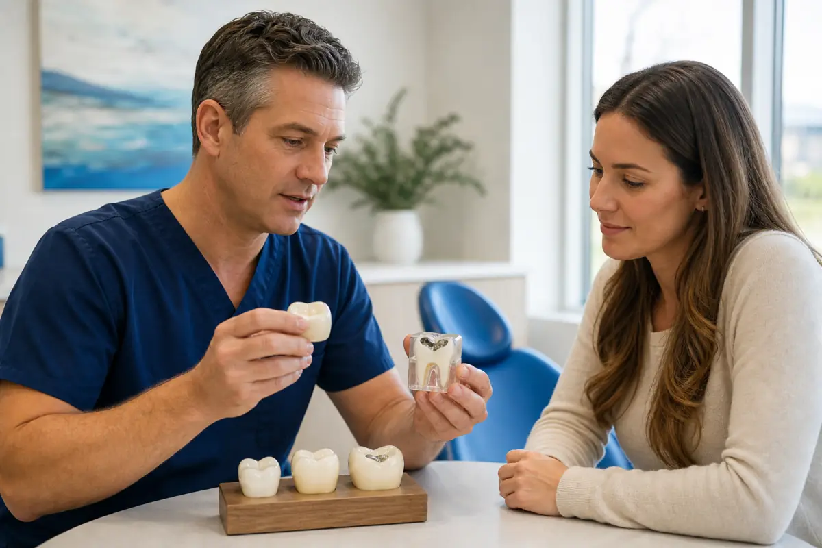 Dentist comparing a dental crown and filling for a Port Dover patient