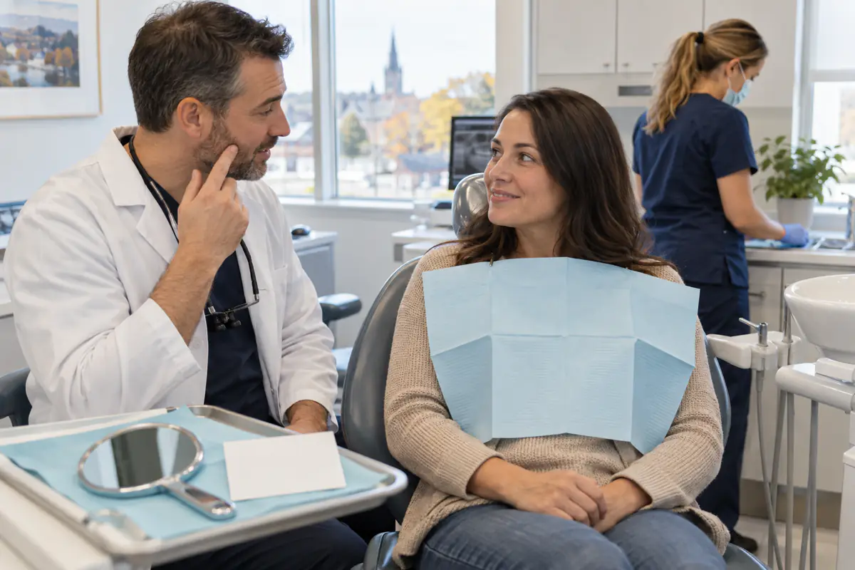 Dentist giving dental filling aftercare instructions to a relieved patient from Simcoe