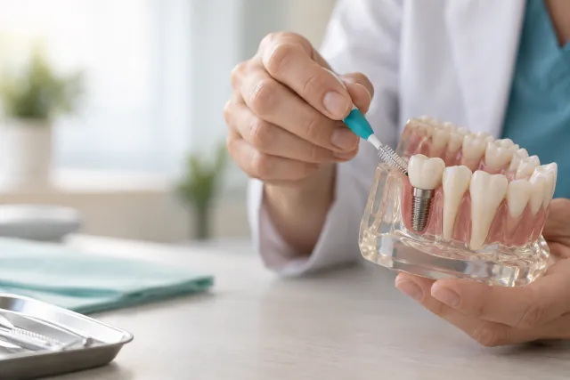 Interdental brush demonstration beside an implant crown on a dental teaching model