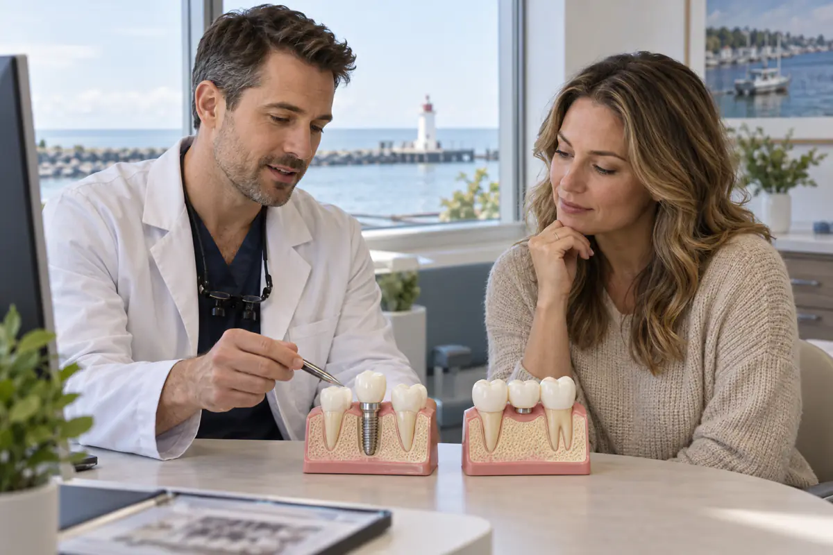 Dentist and Port Dover patient comparing a single implant model with a tooth-supported bridge model