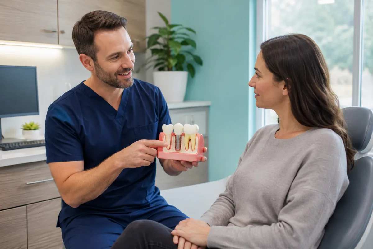 Dentist explaining a dental implant model to a patient from Norfolk County