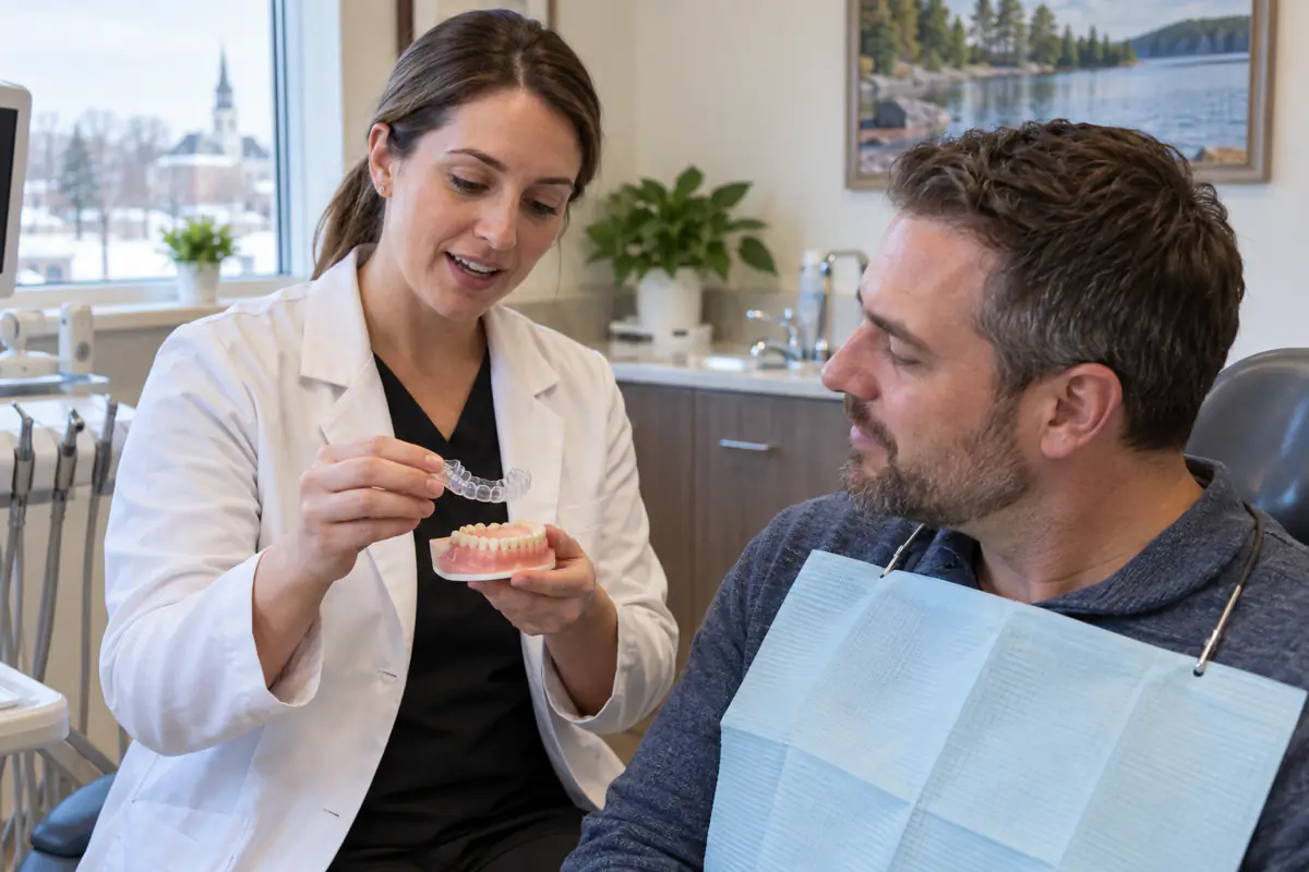 Dentist showing a clear custom night guard to a patient from Simcoe