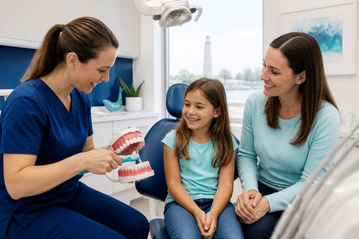 Dentist teaching a child about dental sealants and fluoride in Port Dover