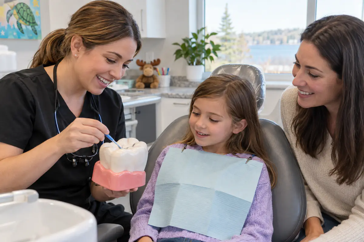 Dentist using a large molar model to explain dental sealants to a child and parent from Simcoe
