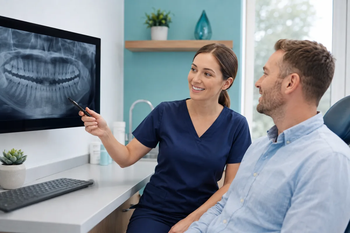 Dental professional reviewing a digital X-ray with a Port Dover patient