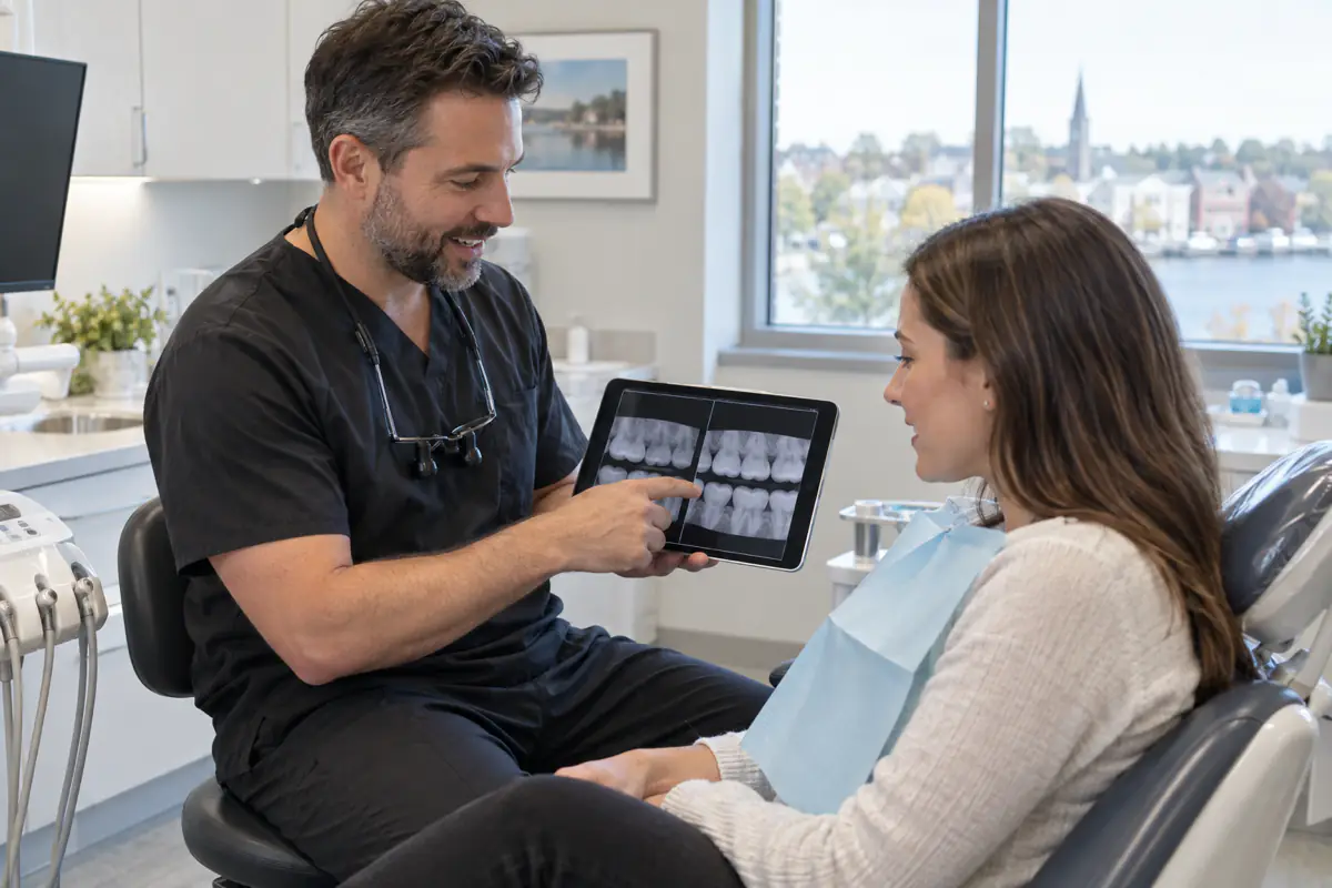 Dentist reviewing bitewing dental X-rays on a tablet with a patient from Simcoe