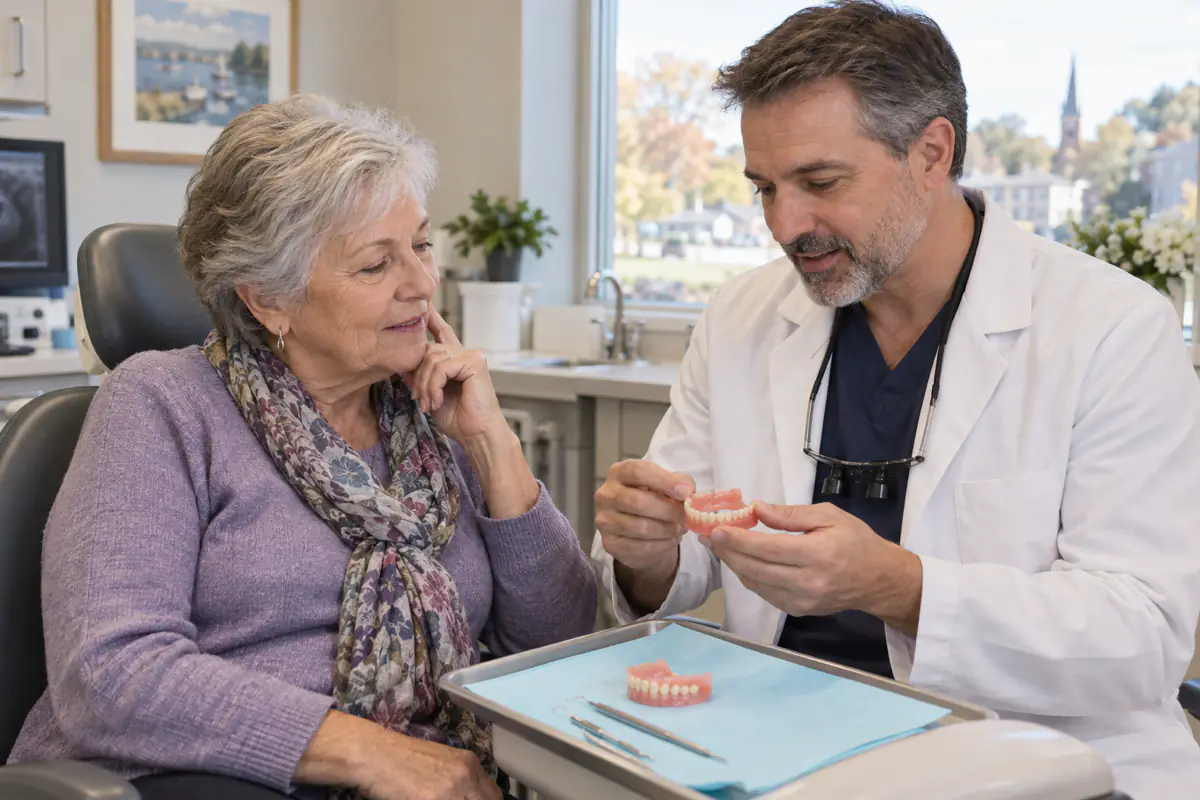 Dentist evaluating a removable denture for an older patient from Simcoe with a sore spot