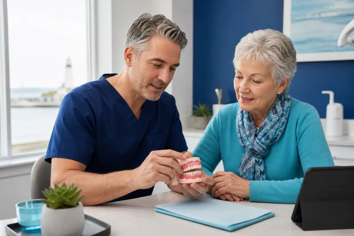 Older patient discussing dentures with a Port Dover dentist