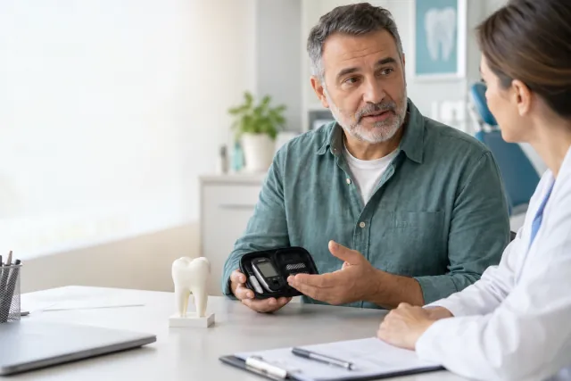 Adult discussing diabetes care and a glucose meter with a dental professional