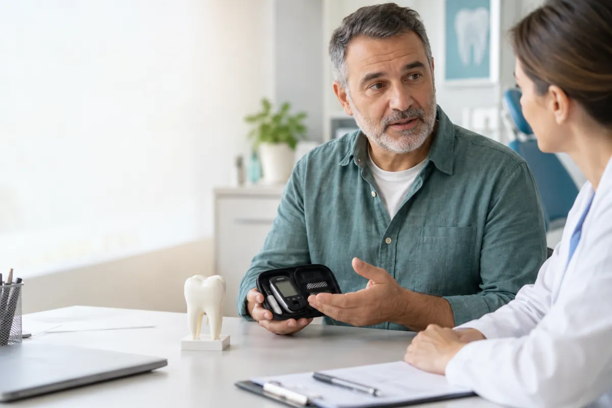 Adult discussing diabetes care and a glucose meter with a dental professional