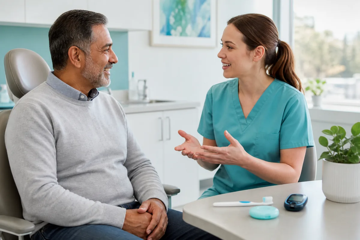 Port Dover patient discussing diabetes and gum health with a dental professional