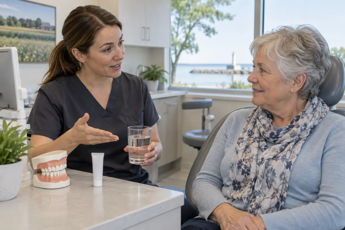Dental hygienist discussing water and dry-mouth care with an older patient from Simcoe