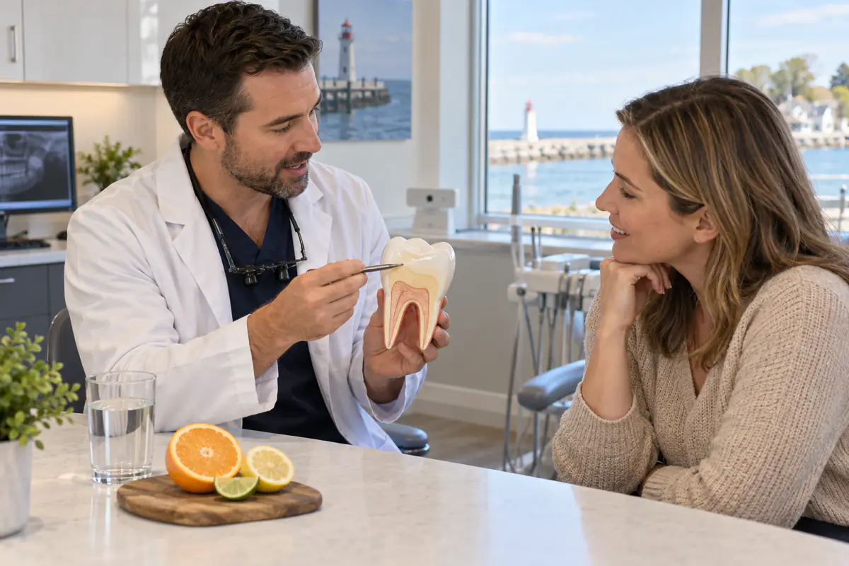 Dentist explaining enamel wear to a Port Dover patient with a tooth model, water and citrus