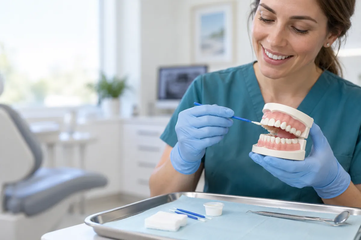 Dental clinician demonstrating a fluoride varnish applicator on a tooth model