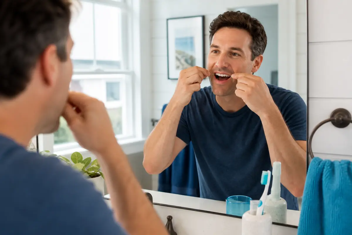 Adult flossing carefully as part of gum disease prevention in Port Dover