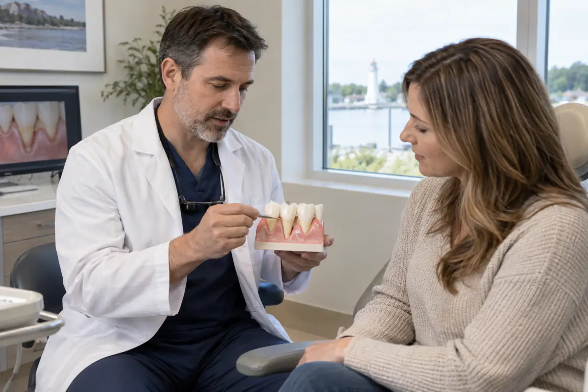 Periodontist using a tooth model to explain gum recession and graft planning to a Port Dover patient