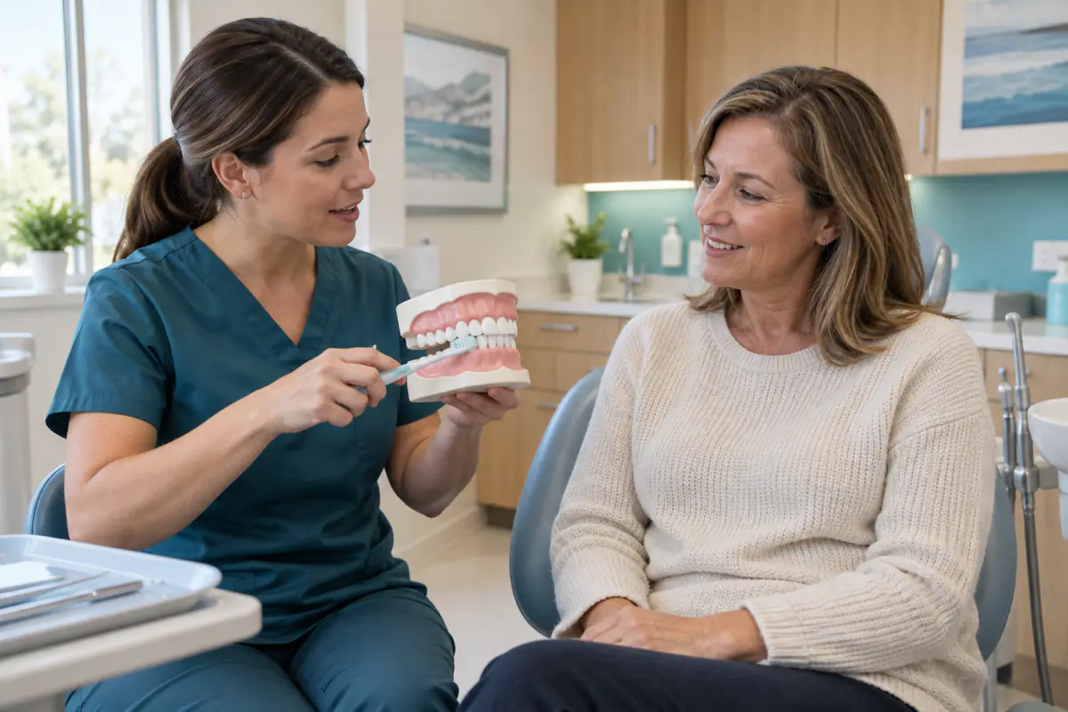 Dental hygienist showing a patient from Simcoe how to brush gently around receding gums
