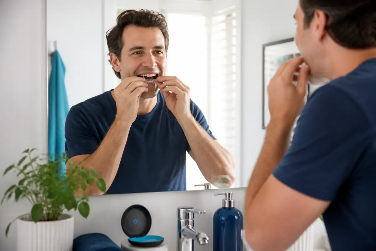 Adult placing a clear Invisalign aligner at home in Port Dover