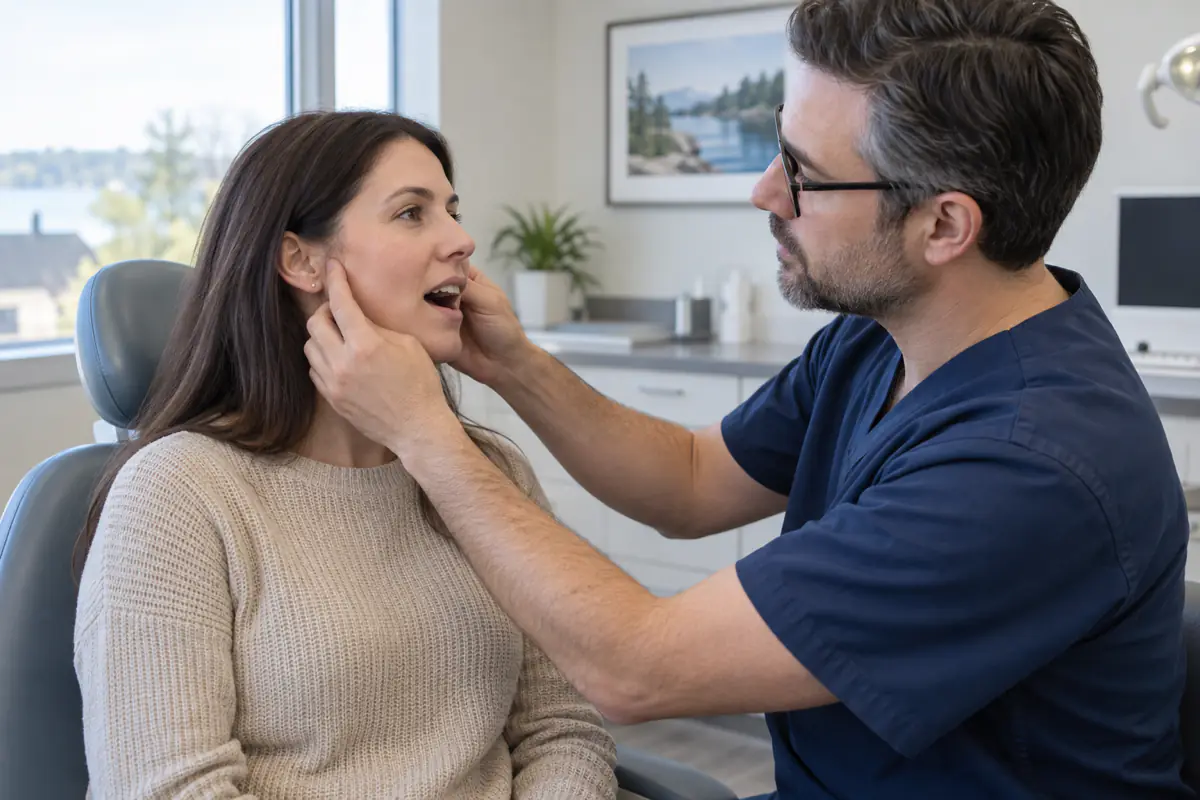 Dentist examining the jaw joints of a patient from Simcoe while she opens her mouth