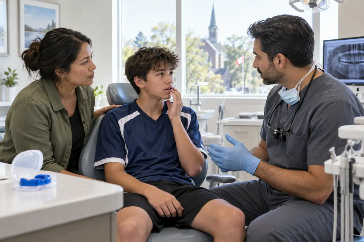 Simcoe teen athlete and parent discussing an urgent knocked-out tooth with a dentist