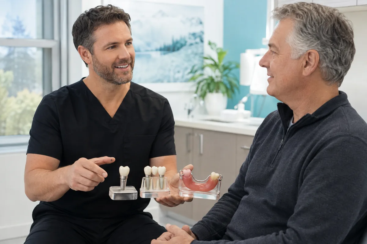Dentist comparing tooth replacement models with a Norfolk County patient