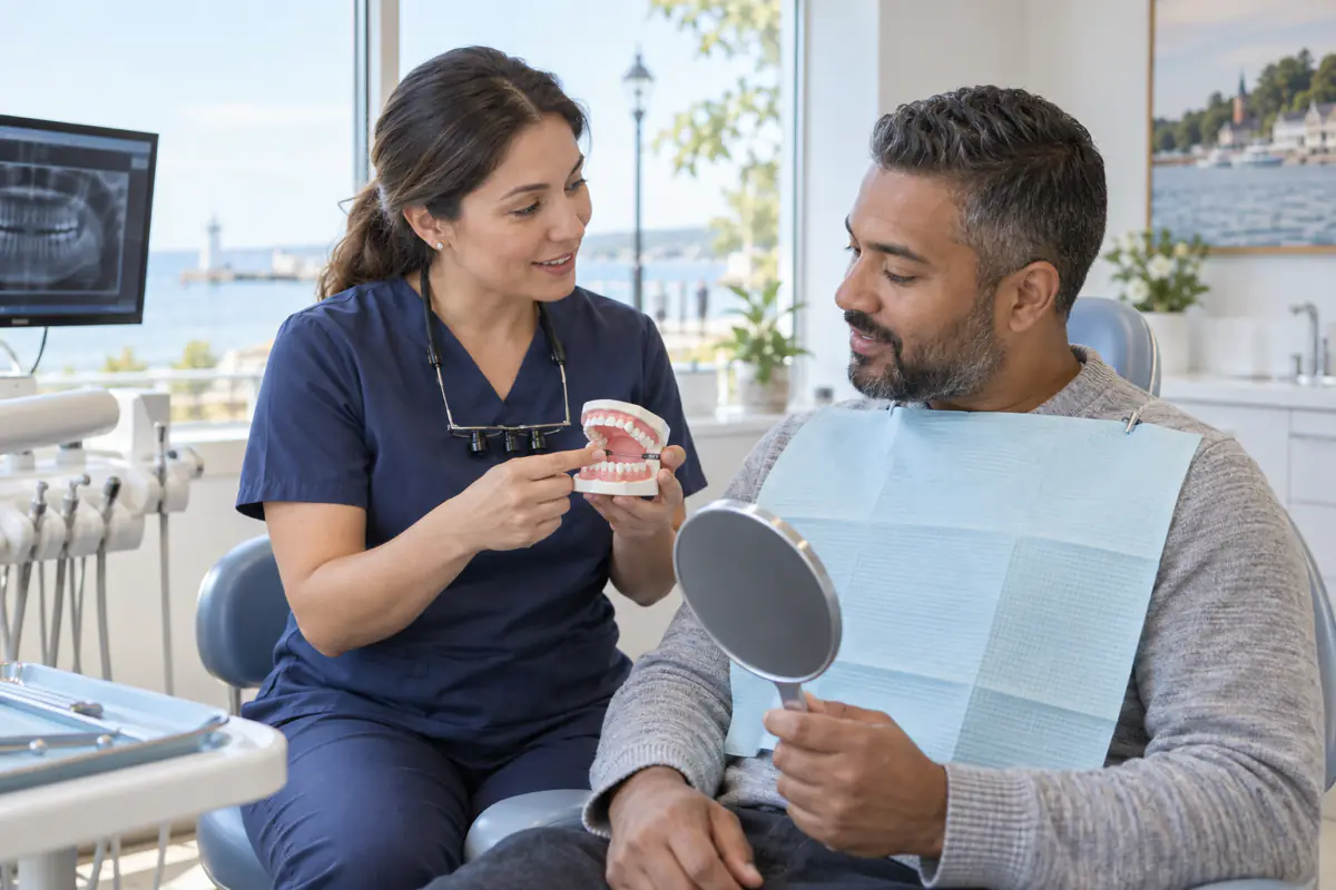 Dental clinician discussing mouth irritation with a Port Dover patient using an oral model and mirror