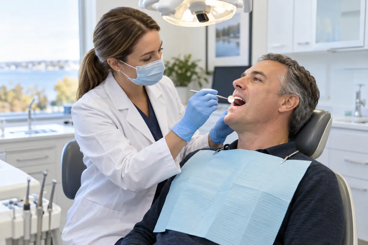 Dentist performing a gentle visual oral cancer screening for an adult patient from Simcoe