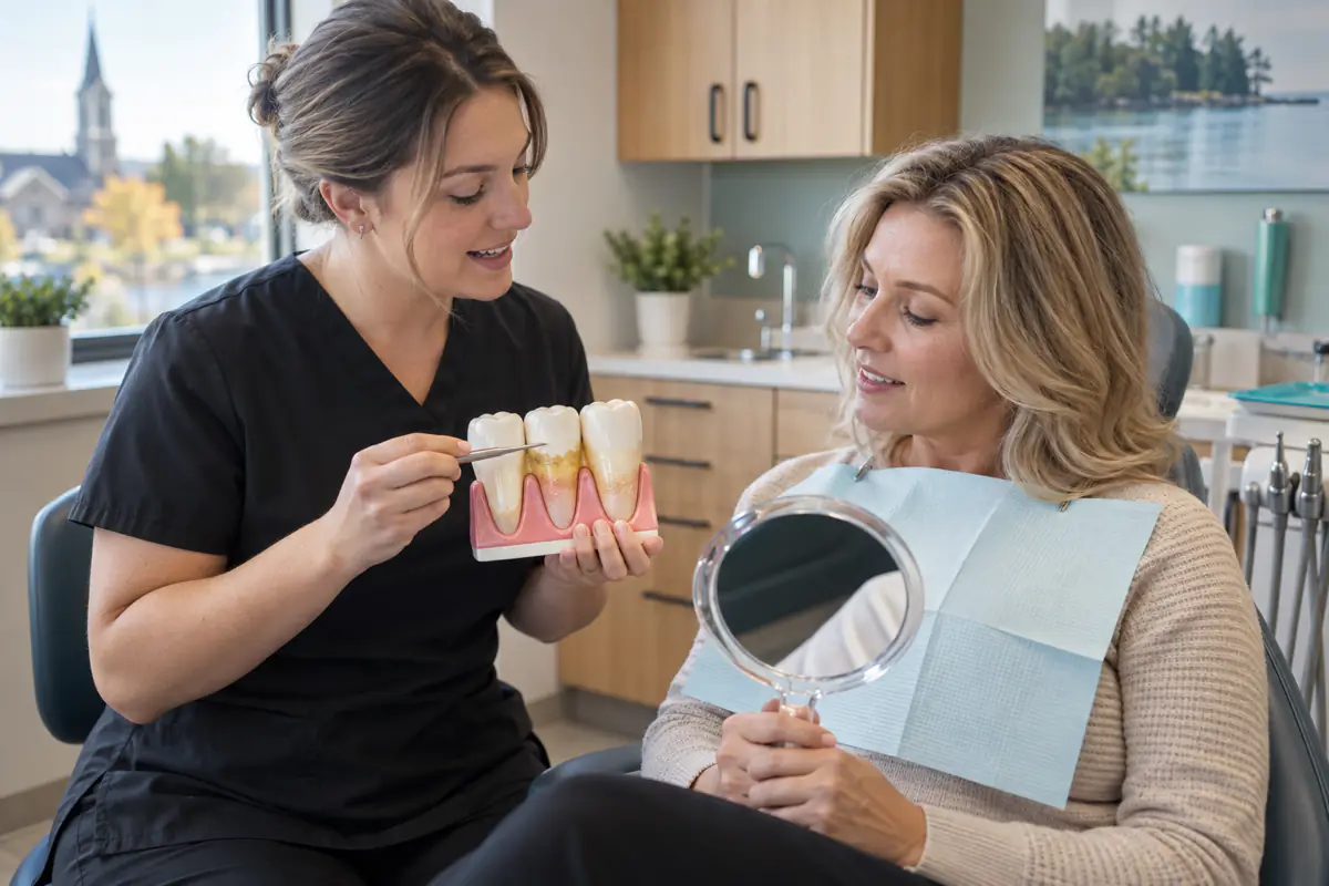 Dental hygienist explaining plaque and tartar to a patient from Simcoe using a tooth model