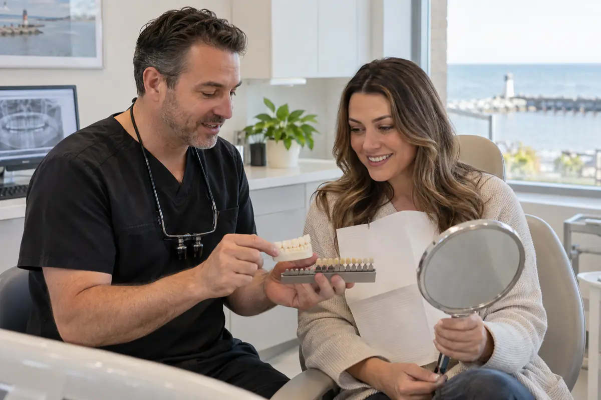 Dentist and Port Dover patient reviewing a natural veneer plan with a model and ceramic shade guide