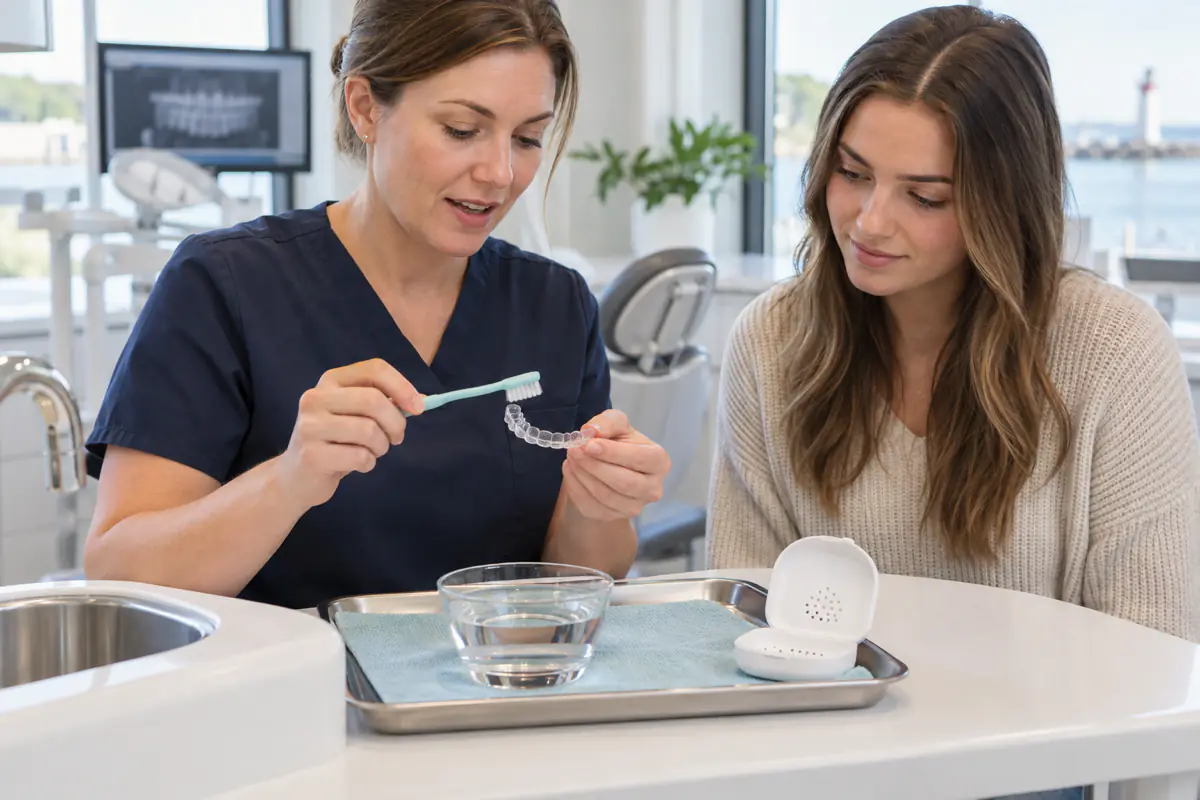 Dental clinician showing a Port Dover patient how to clean a clear retainer with a soft brush