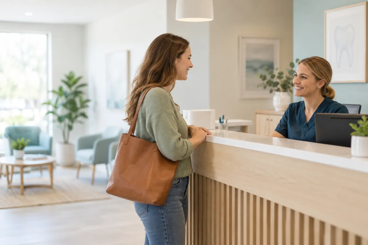 Adult speaking with a receptionist at a welcoming dental reception desk